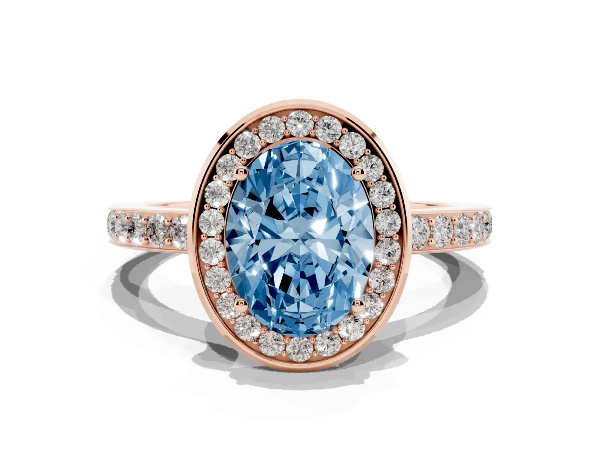 Fancy Blue Oval Cut Diamond Halo Ring with Bezel Frame and Pavé Band Rose gold