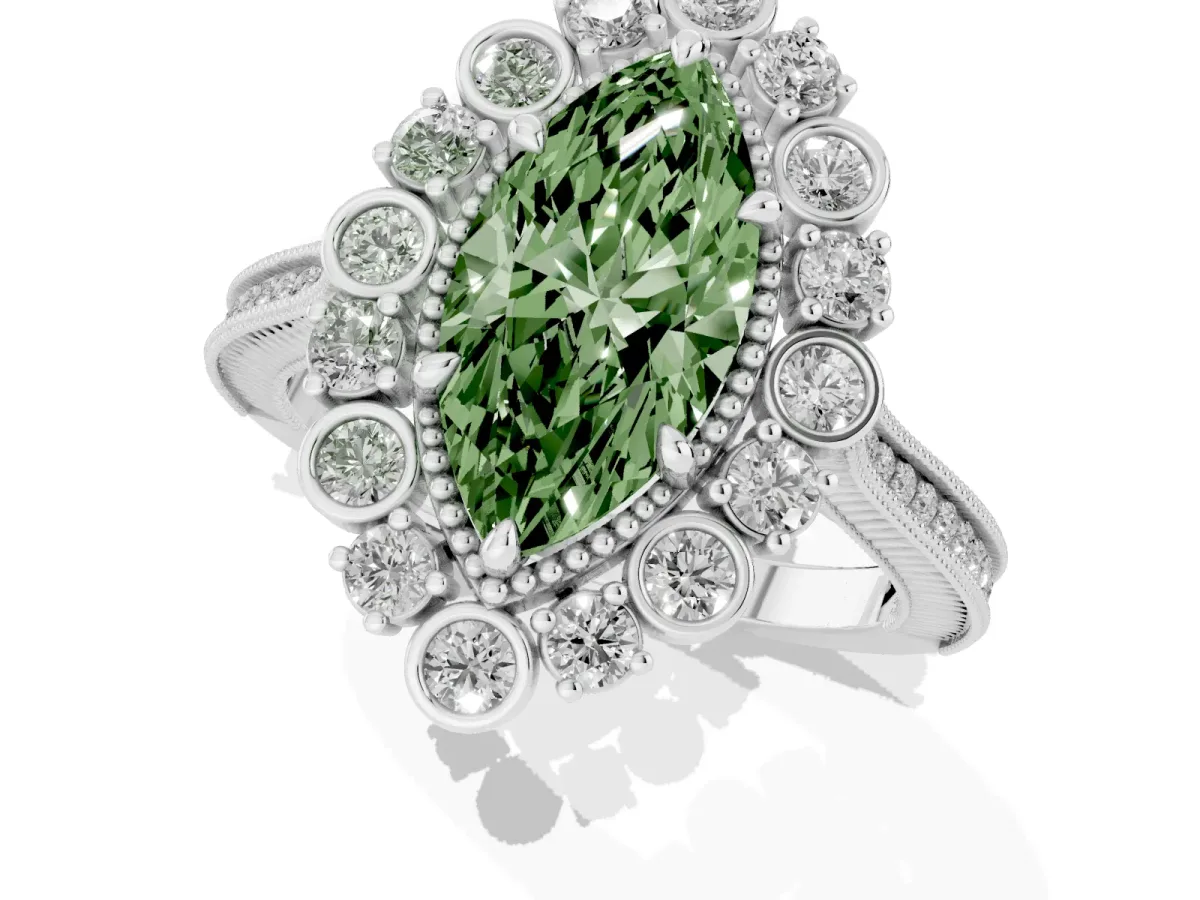 Fancy Green Marquise Cut Halo Milgrain Pave Diamond Ring with Four-Prong Setting White gold
