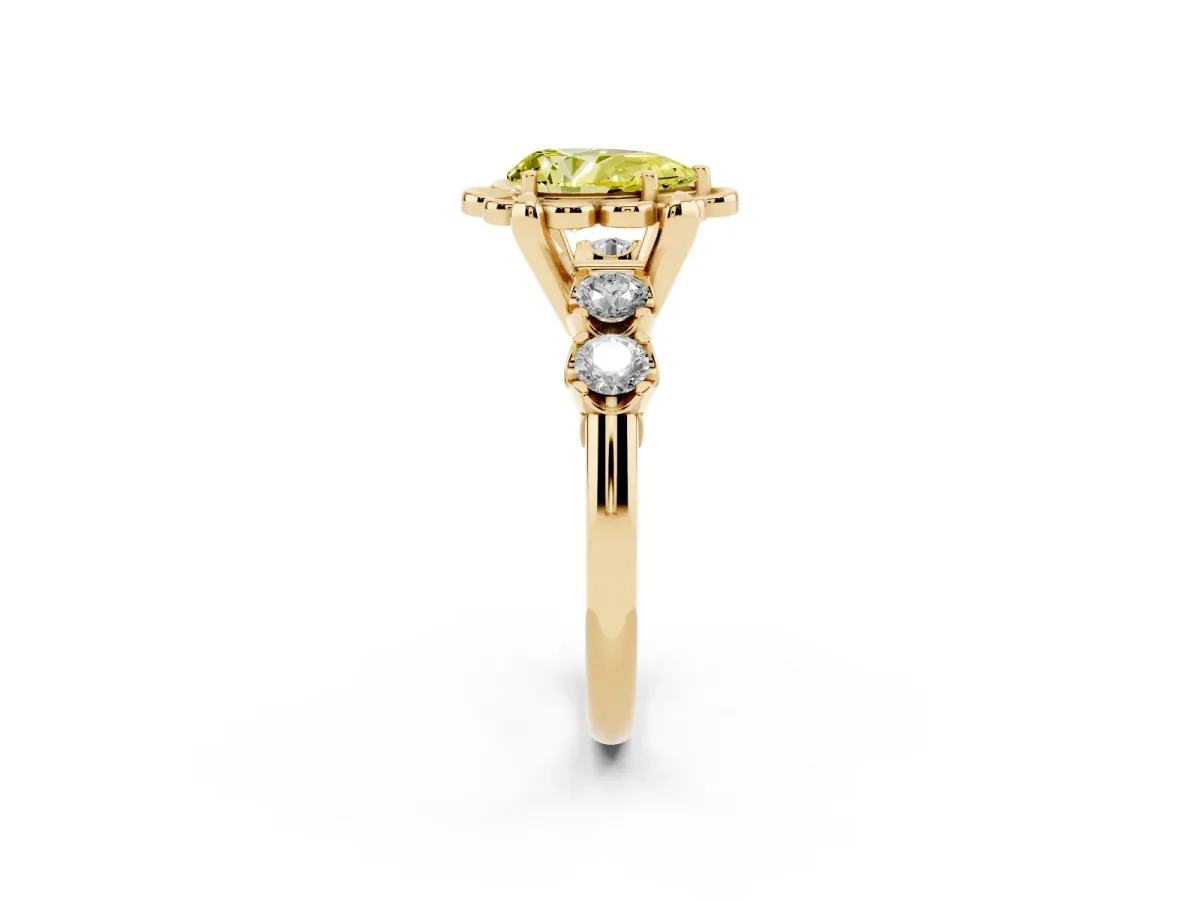 Fancy Yellow Pear Cut Cut Diamond Floral Halo Engagement Ring with Shared Prong Setting Yellow gold