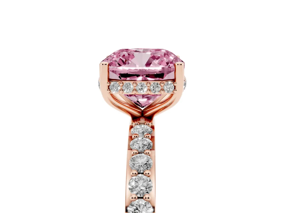 Fancy Pink Cushion Cut Diamond Solitaire Ring with Pavé Band and Hidden Halo Rose gold