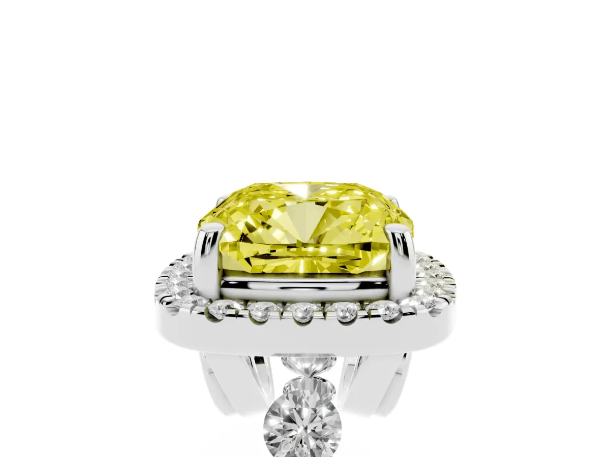 Fancy Yellow Cushion Cut Halo Pavé Diamond Engagement Ring with Four-Prong Setting White gold