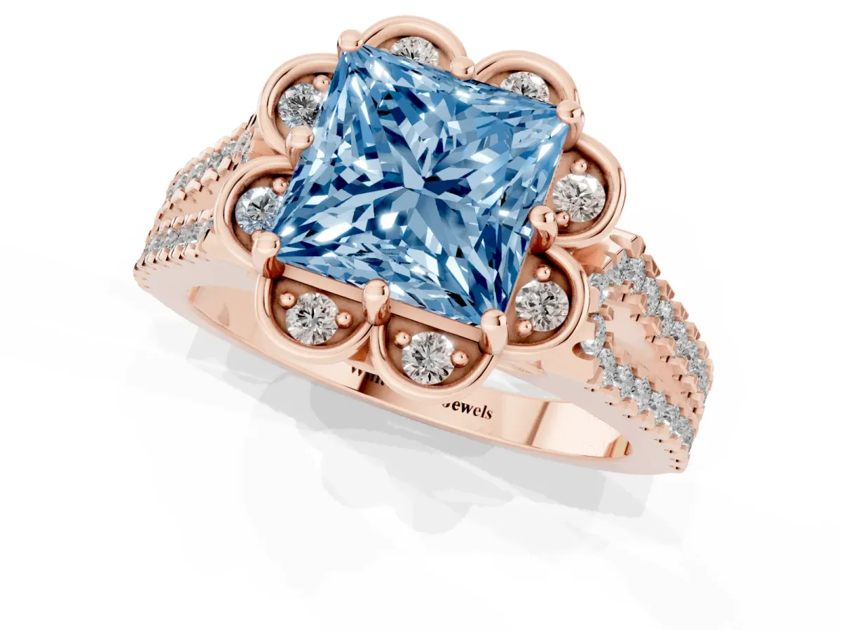 Fancy Blue Princess Cut Halo Diamond Floral Split Shank Engagement Ring Rose gold