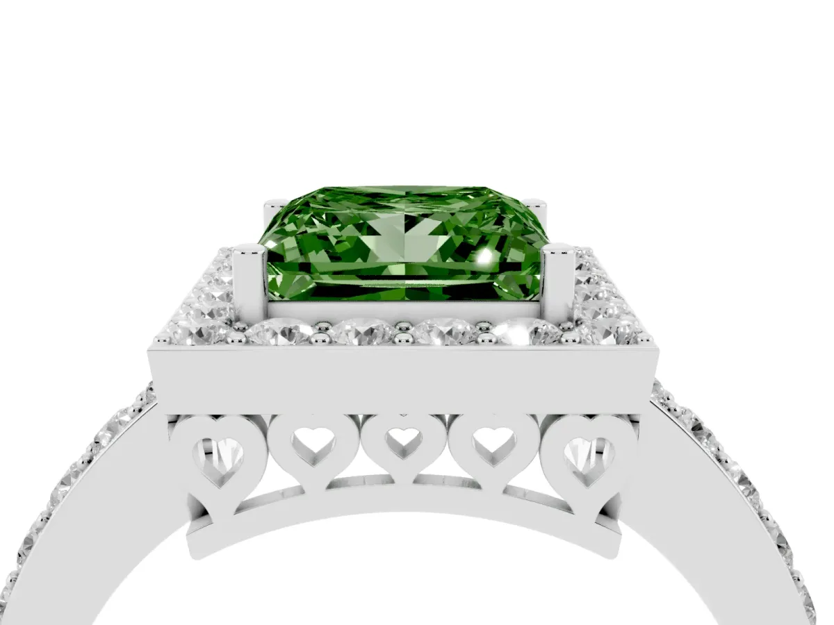 Fancy Green Princess Cut Halo Diamond Pavé Band Ring with Prong Setting Silver