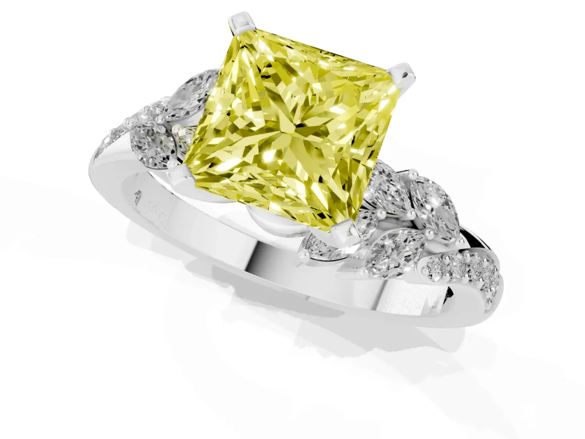 Fancy Yellow Princess Cut Solitaire Marquise Twist Band with Six-Prong Setting Silver