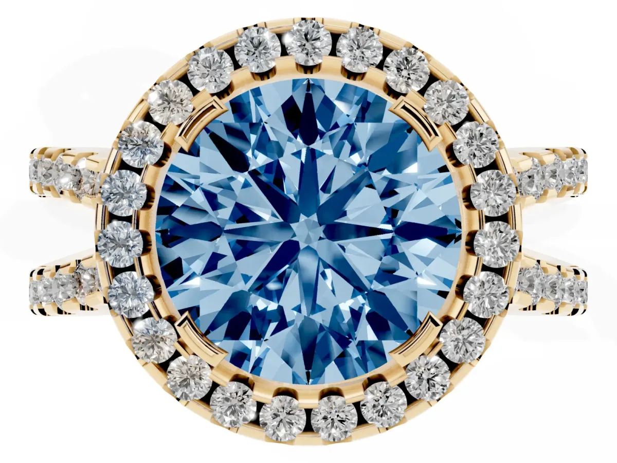 Fancy Blue Round Cut Diamond Halo Ring with Split Shank Pavé Band and Prong Setting Yellow gold