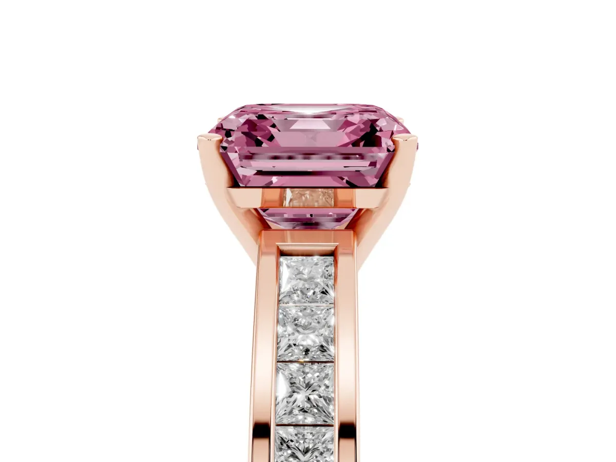 Fancy Pink Asscher Cut Solitaire Diamond Ring with Channel-Set Band and Four-Prong Setting Rose gold