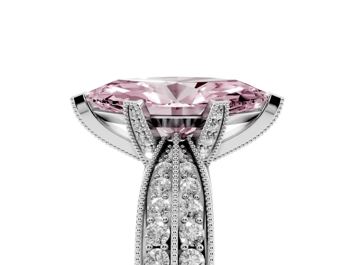 Fancy Pink Marquise Cut Diamond Solitaire Ring with Milgrain Round Pavé Band and Prong Setting Platinum