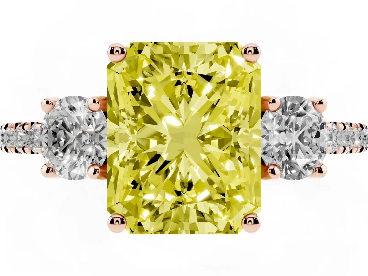 Fancy Yellow Three-Stone Radiant Cut Cut Diamond Pavé Band with Prong Setting Rose gold