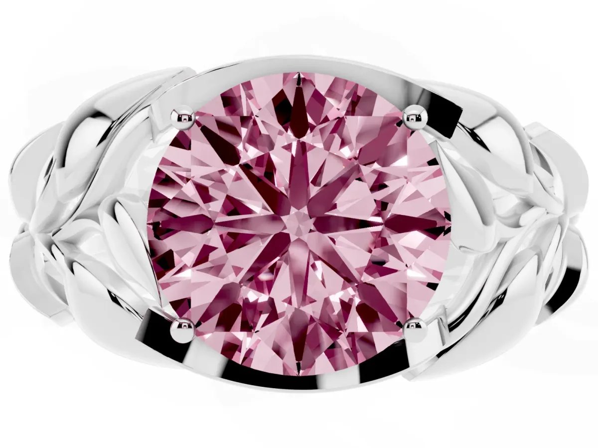 Fancy Pink Round Cut Diamond Leaf-Inspired Engagement Ring with Round Accents and Prong Setting White gold
