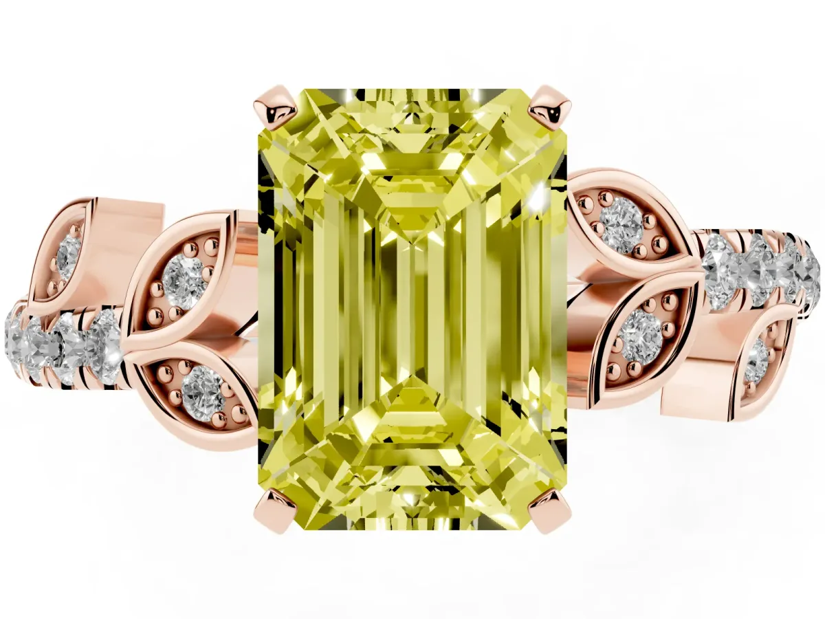 Fancy Yellow Emerald Cut Solitaire Leaf-Inspired Diamond Ring with Pavé Band and Four-Prong Setting Rose gold