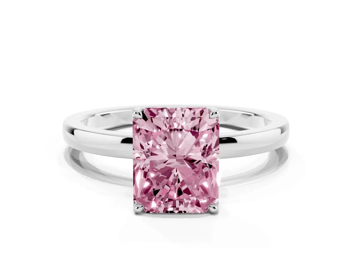 Fancy Pink Radiant Cut Diamond Solitaire Ring with Thin Band and Prong Setting White gold