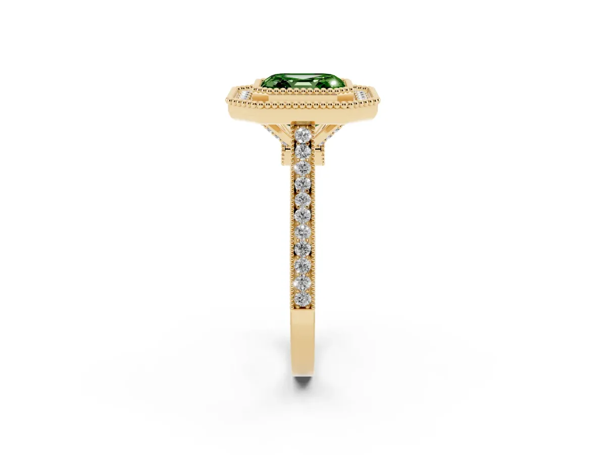 Fancy Green Asscher Cut Diamond Halo Ring with Milgrain Frame and Pavé Band Yellow gold