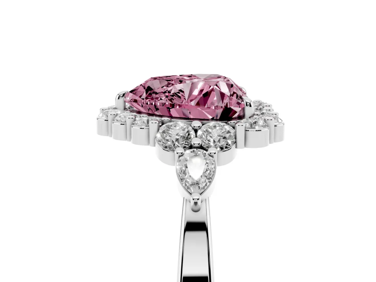 Fancy Pink Heart Cut Diamond Halo Ring with Pear Side Stones and Prong Setting Silver