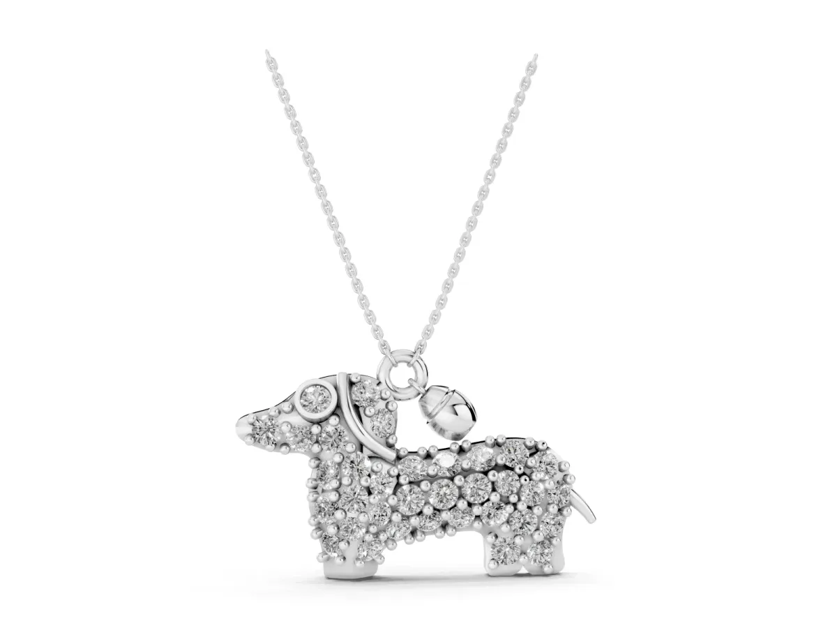 Pavé Round Diamond Prong-Set Dachshund Pendant Silver