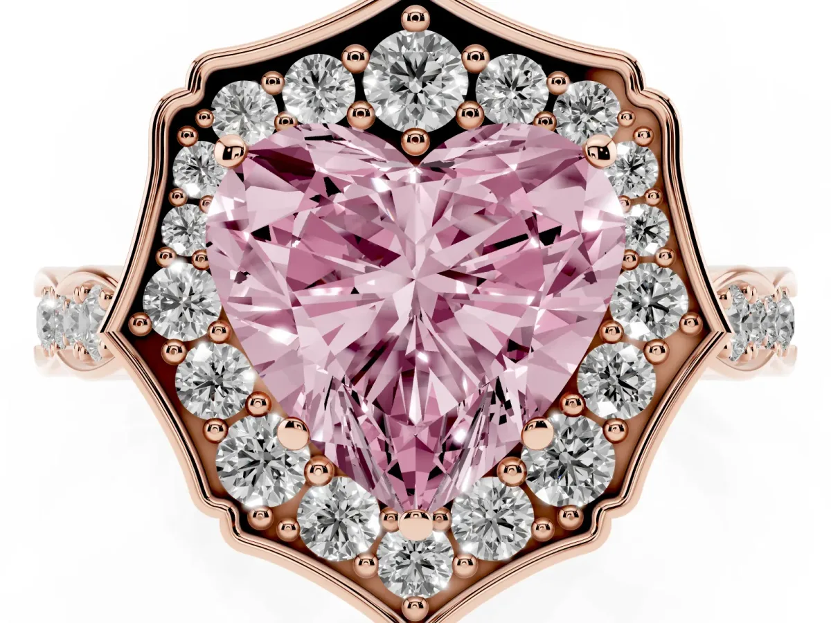 Fancy Pink Heart Cut Halo Diamond Engagement Ring with Milgrain Band and Four-Prong Setting Rose gold