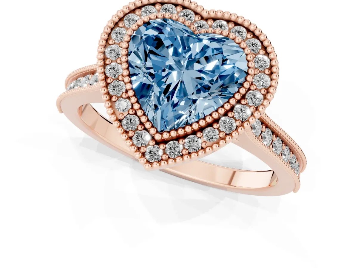 Fancy Blue Halo Heart Cut-Cut Diamond Pave Band Milgrain Prong Setting Ring Rose gold