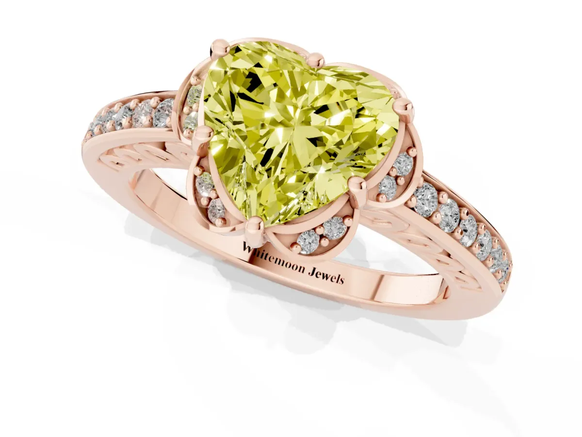 Fancy Yellow Heart Cut Cut Halo Diamond Ring with Channel Set Band and Four-Prong Setting Rose gold