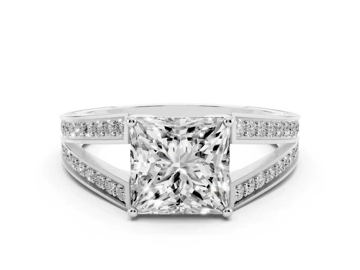 Princess Cut Diamond Split Shank Ring with Pavé Band and Four-Prong Setting White gold