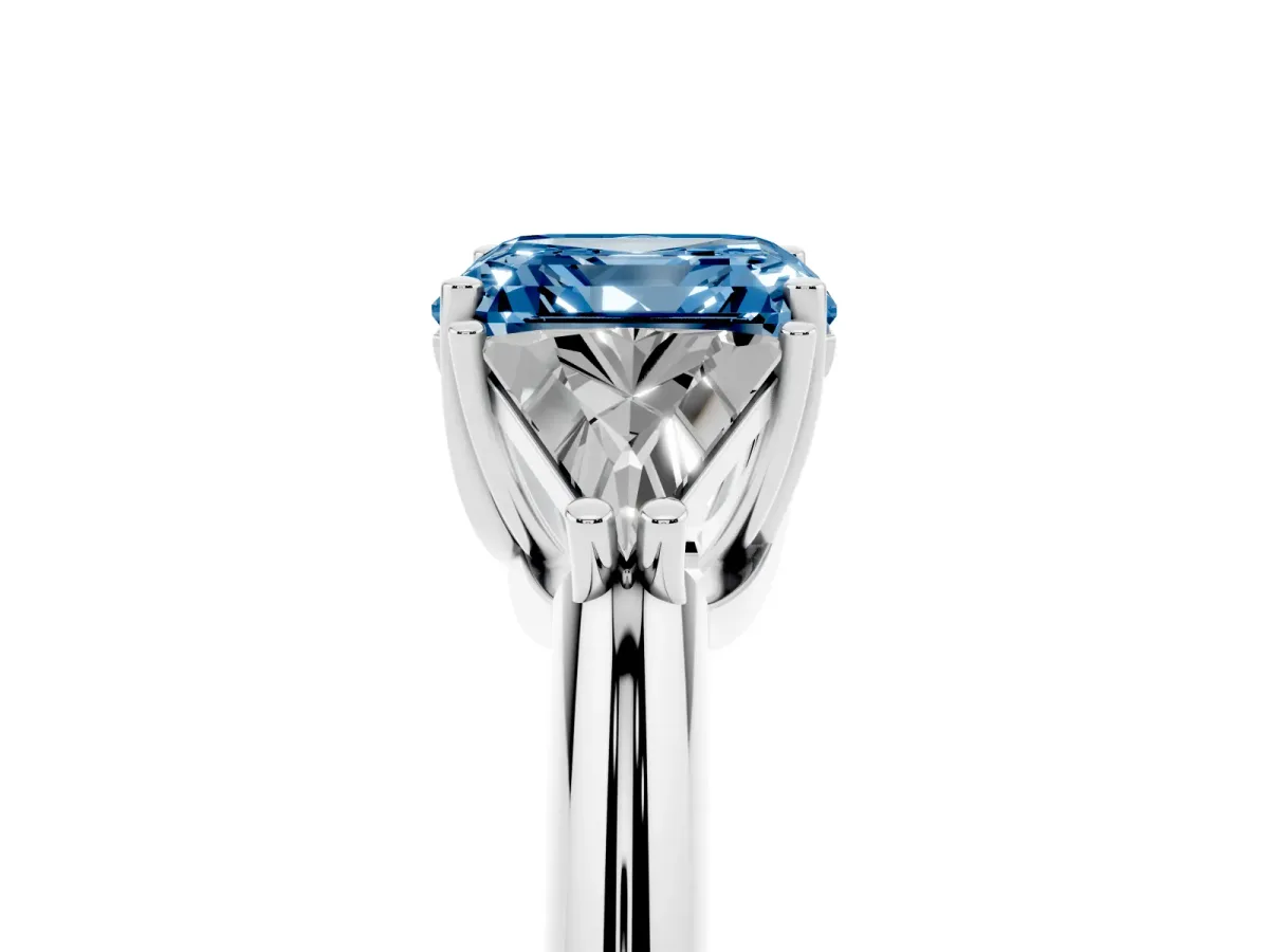 Fancy Blue Three-Stone Asscher Cut Diamond Engagement Ring with Trillion Side Stones and Prong Setting Silver