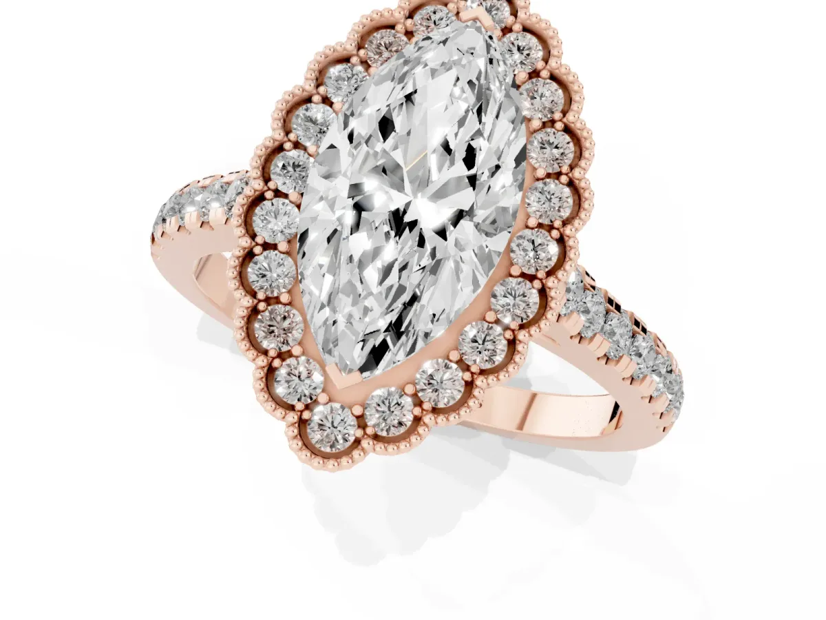 Marquise Cut Cut Diamond Milgrain Floral Halo Engagement Ring with Pavé Band Rose gold