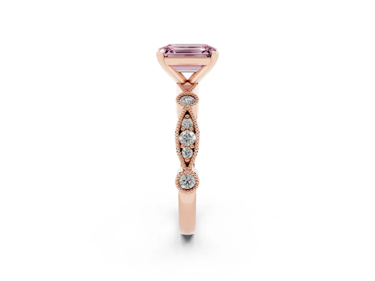 Fancy Pink Emerald Cut Milgrain Bezel Diamond Engagement Ring with Solitaire Prong Setting Rose gold