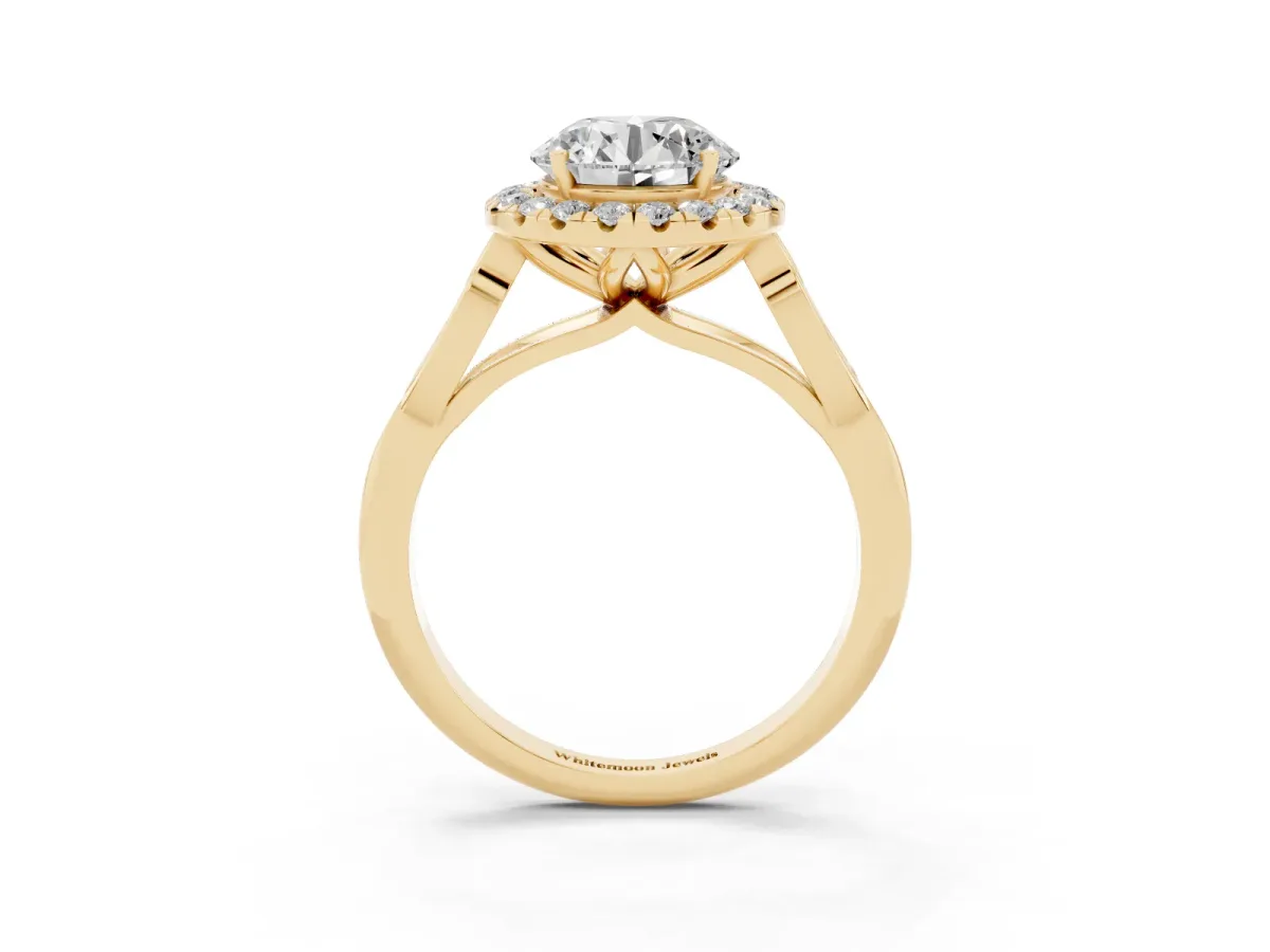 Round Cut Halo Diamond Engagement Ring with Filigree Band and Four-Prong Setting Yellow gold