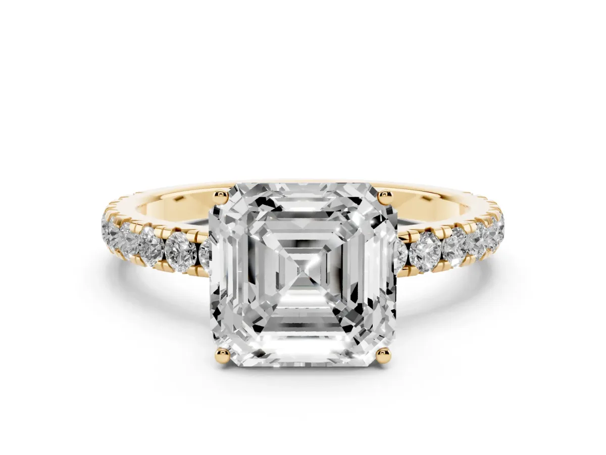 Asscher Cut Diamond Pavé Solitaire Engagement Ring with Four-Prong Setting Yellow gold