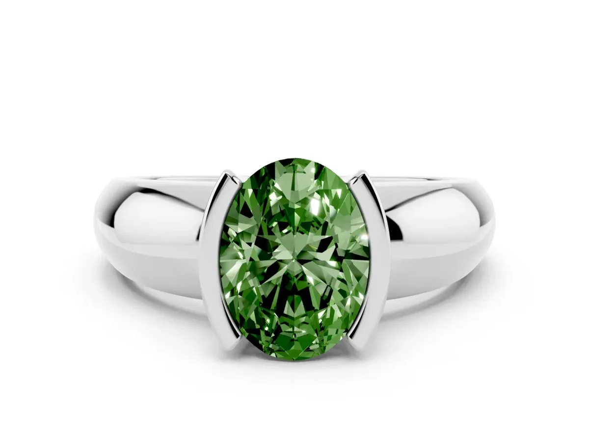 Fancy Green Oval Cut Solitaire Tension Set Diamond Ring with Wide Band Silver