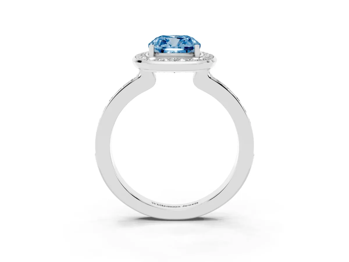 Fancy Blue Cushion Cut Diamond Halo Ring with Bezel Frame and Pavé Band Silver
