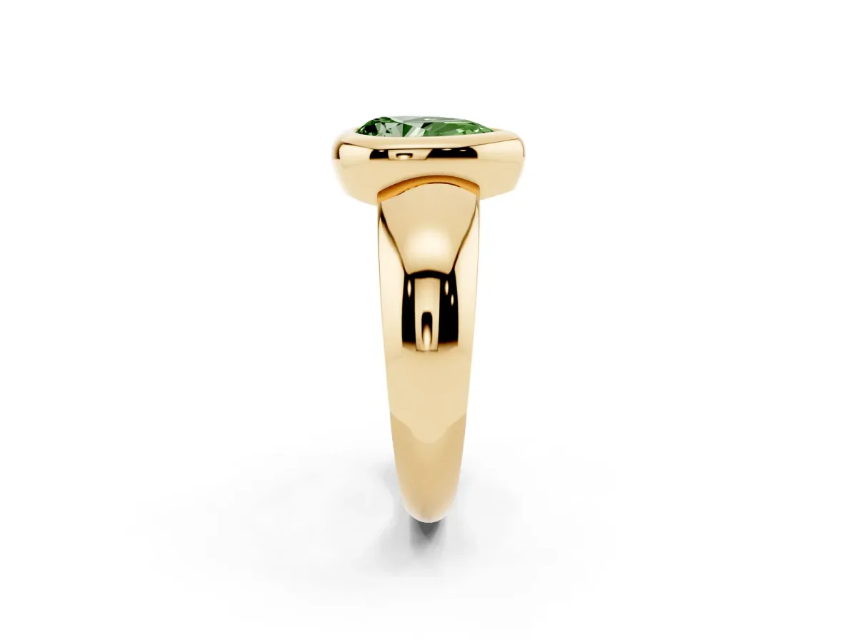 Fancy Green Bezel Set Pear Cut Solitaire Ring with Wide Band Yellow gold