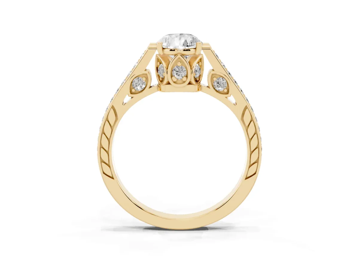 Pear Cut Cut Cathedral Pave Diamond Engagement Ring with Six-Prong Setting Yellow gold