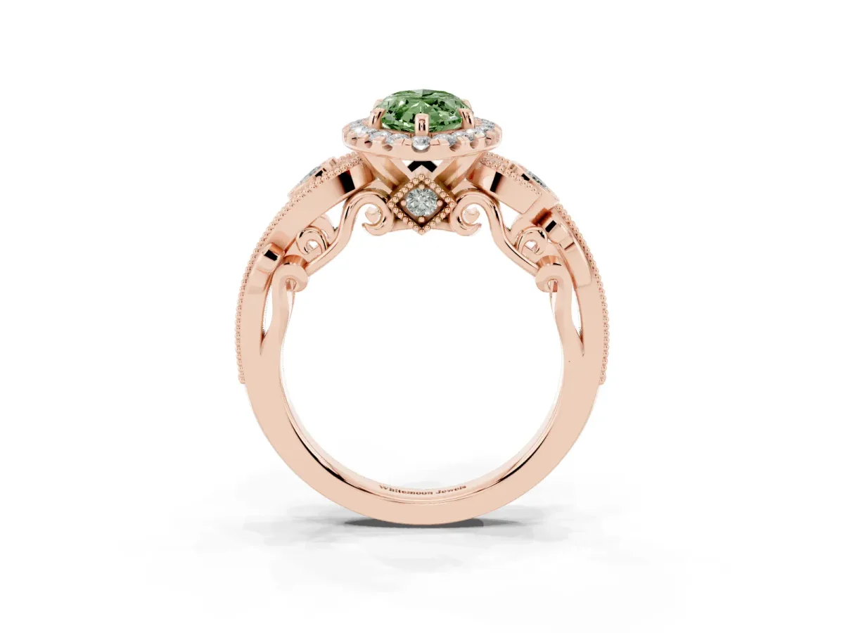 Fancy Green Marquise Cut Diamond Halo Ring with Milgrain Pavé Band and Four-Prong Setting Rose gold