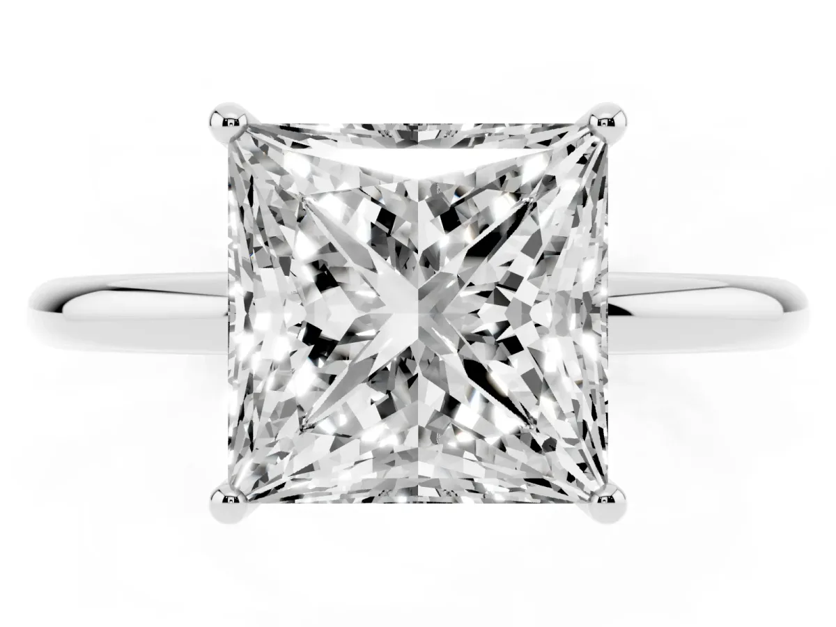 Princess Cut Solitaire Diamond Ring with a Classic Band and Four-Prong Setting Silver