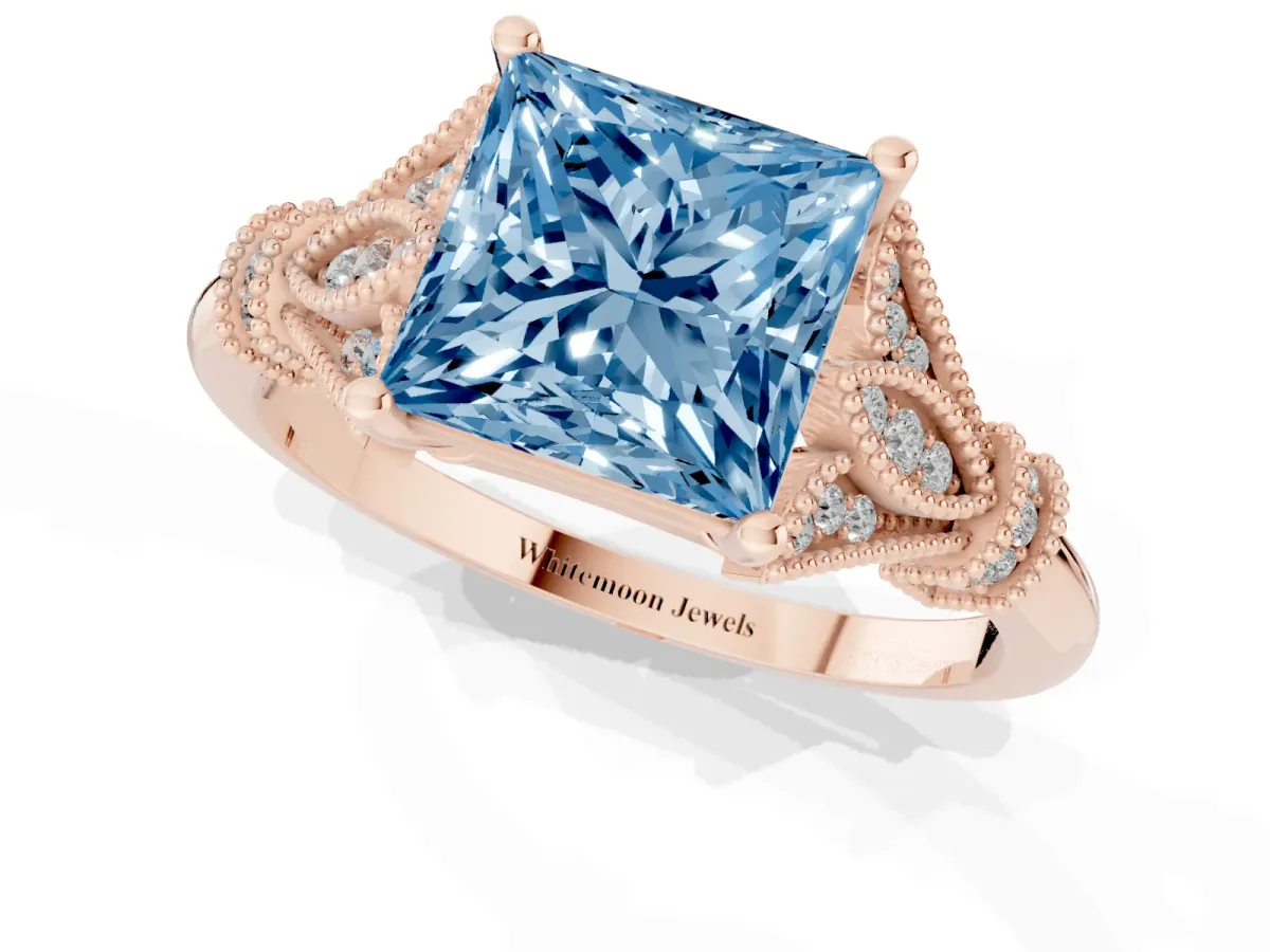 Fancy Blue Princess Cut Diamond Solitaire Ring with Floral Filigree and Pave Accents Rose gold