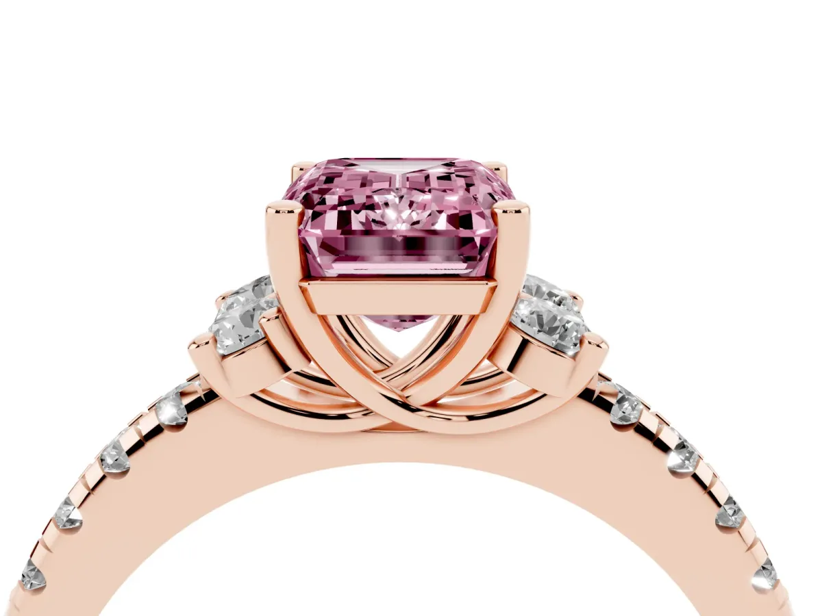Fancy Pink Emerald Cut Diamond Three-Stone Pave Band with Four-Prong Setting Rose gold