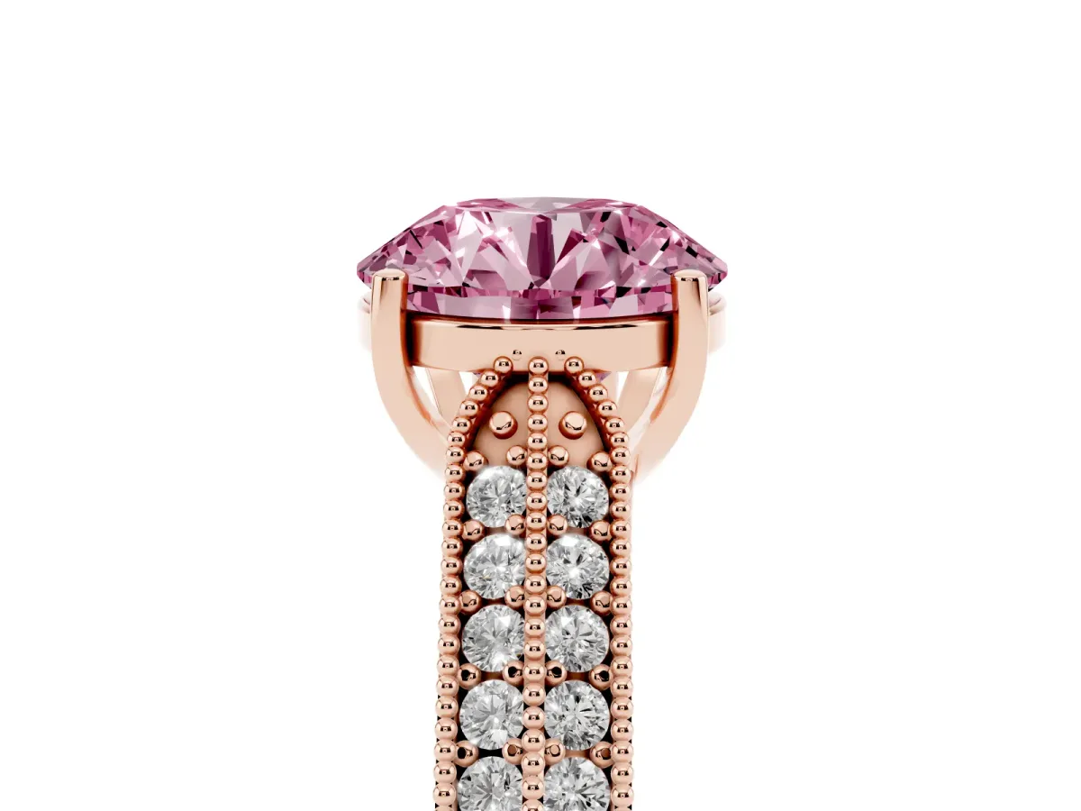 Fancy Pink Round Cut Cut Pave Split Shank Engagement Ring with Four-Prong Setting Rose gold