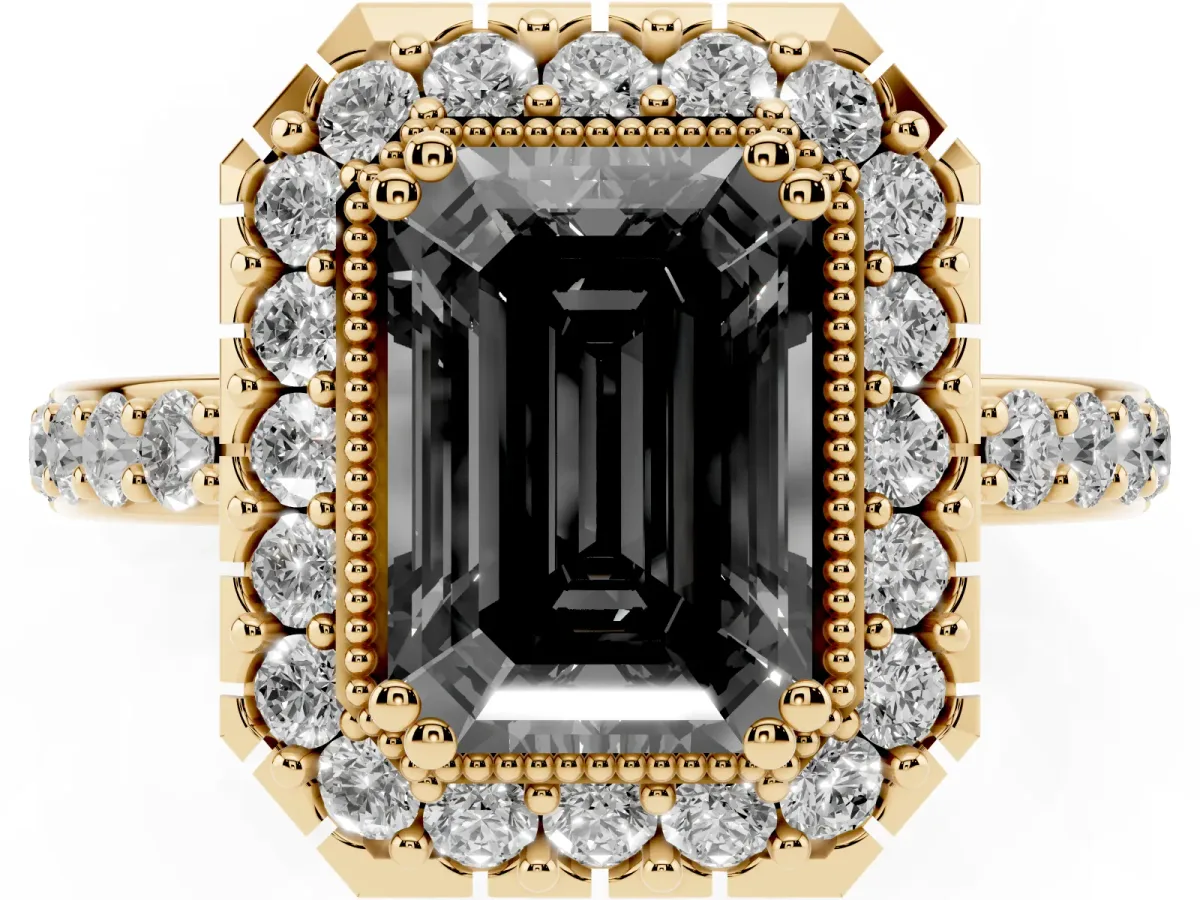 Fancy Black Emerald Cut Diamond Halo Ring with Pavé Band and Prong Setting Yellow gold