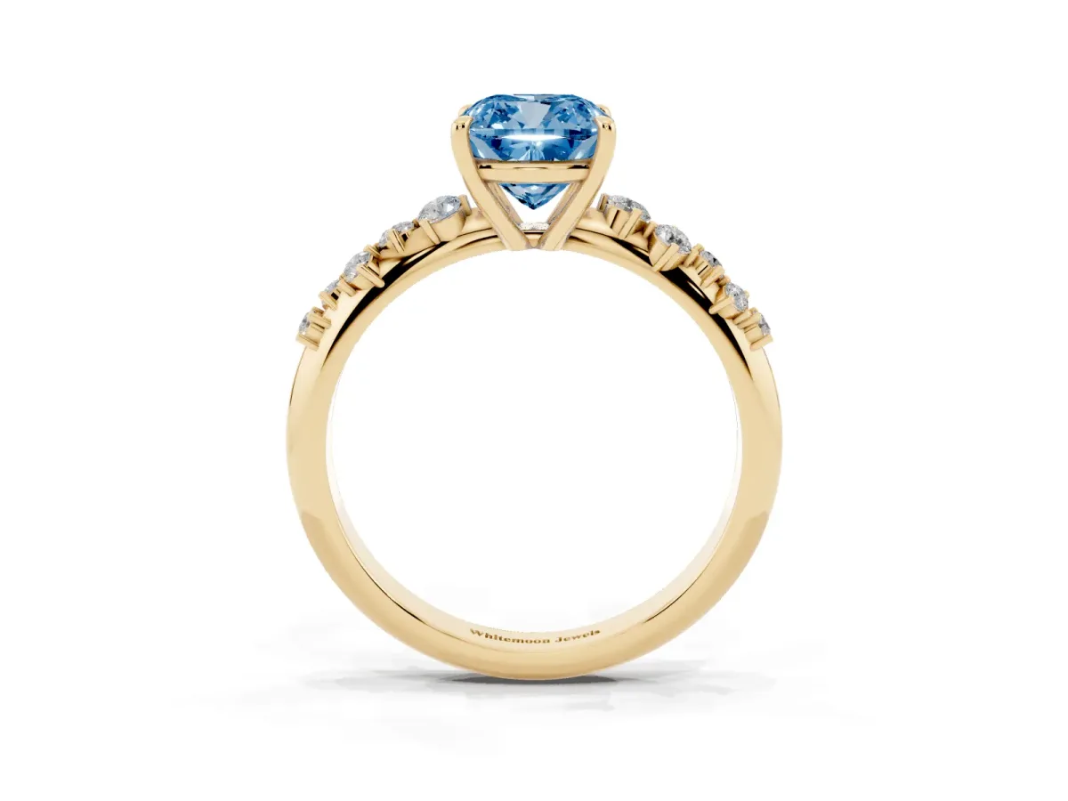 Fancy Blue Cushion Cut Diamond Cluster Side Stone Solitaire Ring with Prong Setting Yellow gold