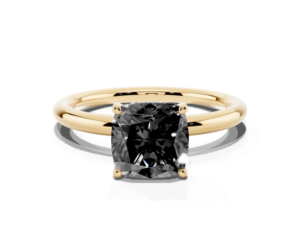 Fancy Black Cushion Cut Diamond Solitaire Ring with Thin Band and Four-Prong Setting Yellow gold