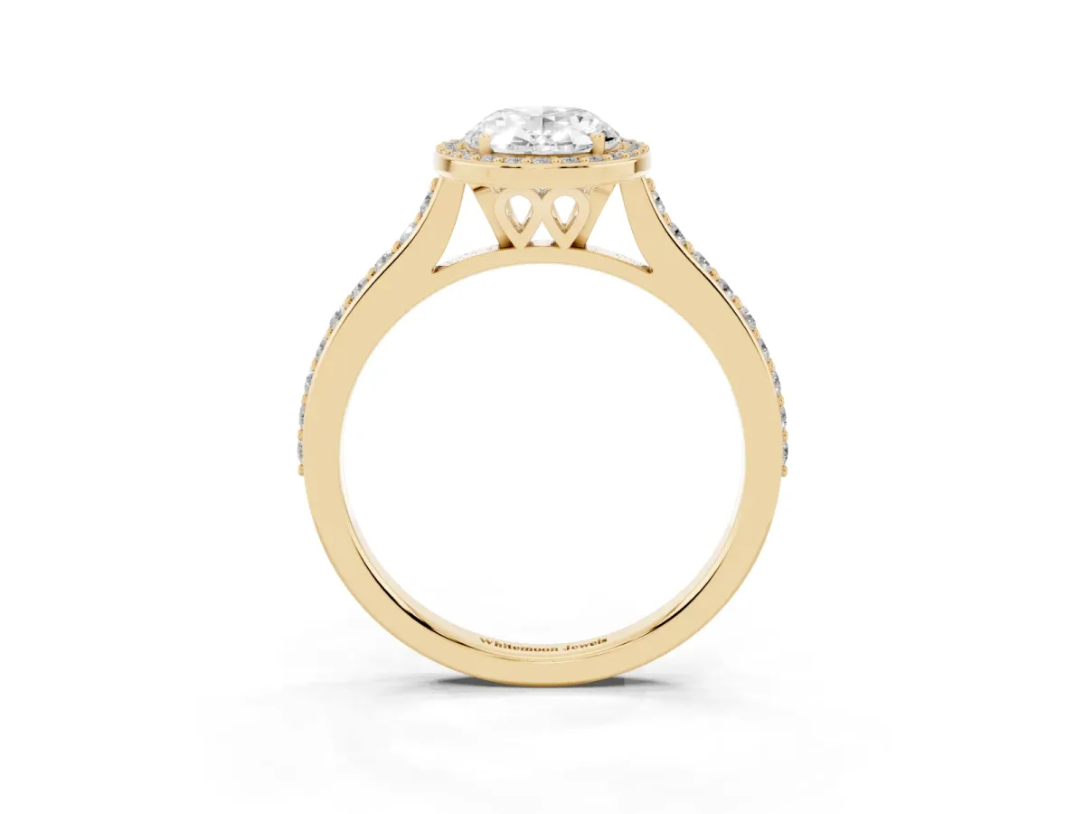 Oval Cut Diamond Halo Engagement Ring with Round Pavé Shoulders and Prong Setting Yellow gold