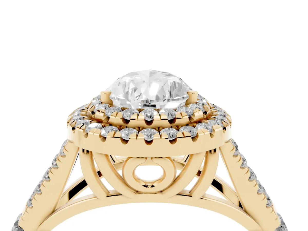 Pear Cut Diamond Pavé Split Shank Double Halo Engagement Ring Yellow gold