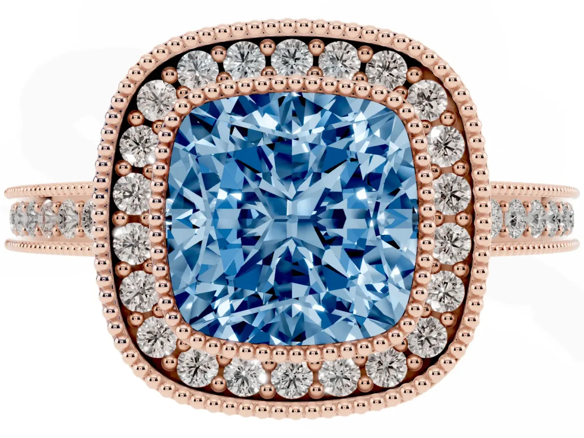 Fancy Blue Cushion Cut Cut Halo Diamond Ring with Pavé Band and Milgrain Prong Setting Rose gold