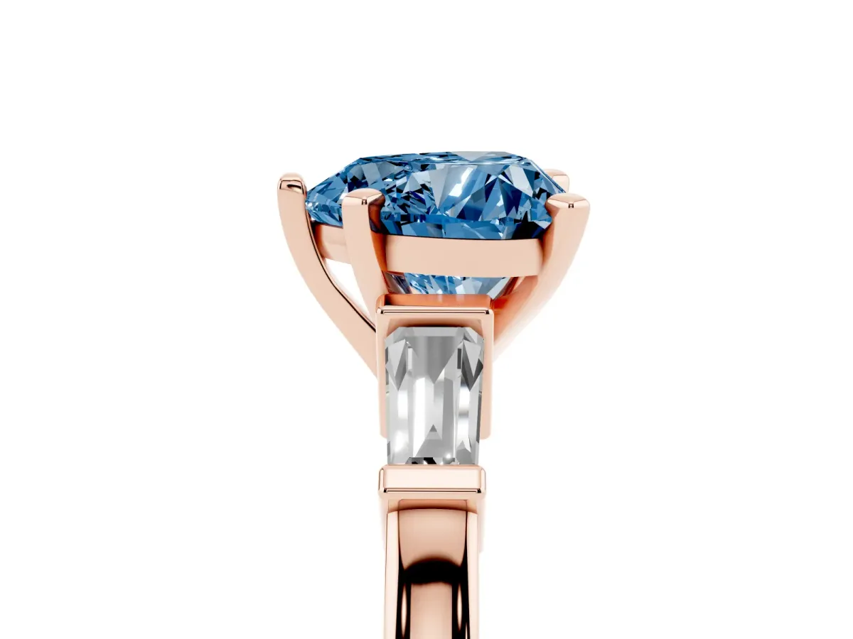 Fancy Blue Heart Cut Cut Diamond Solitaire Ring with Tapered Baguette Accents and Four-Prong Setting Rose gold