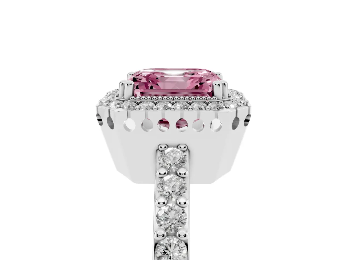 Fancy Pink Asscher Cut Cut Diamond Halo Engagement Ring with Milgrain Detail and Pavé Band White gold