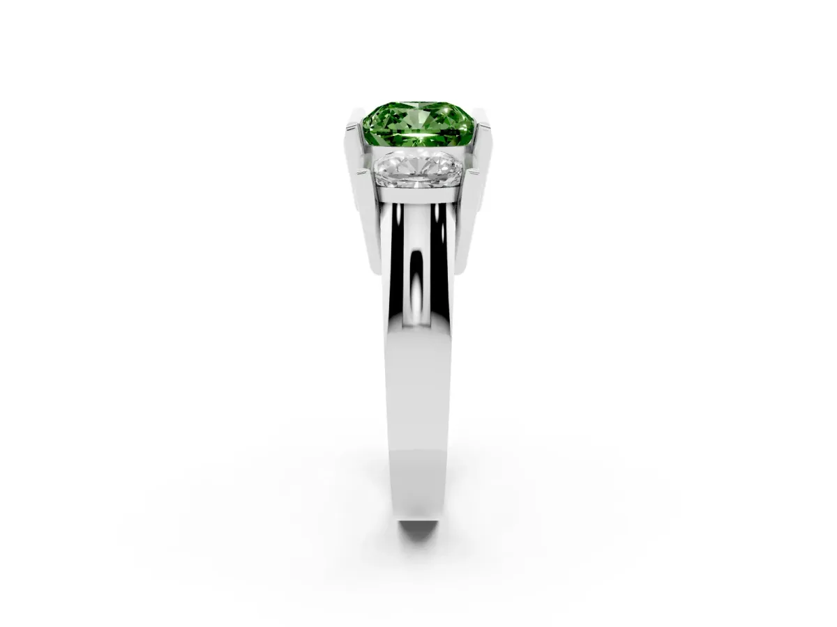 Fancy Green Three Stone Cushion Cut Cut Channel Set Diamond Ring Silver