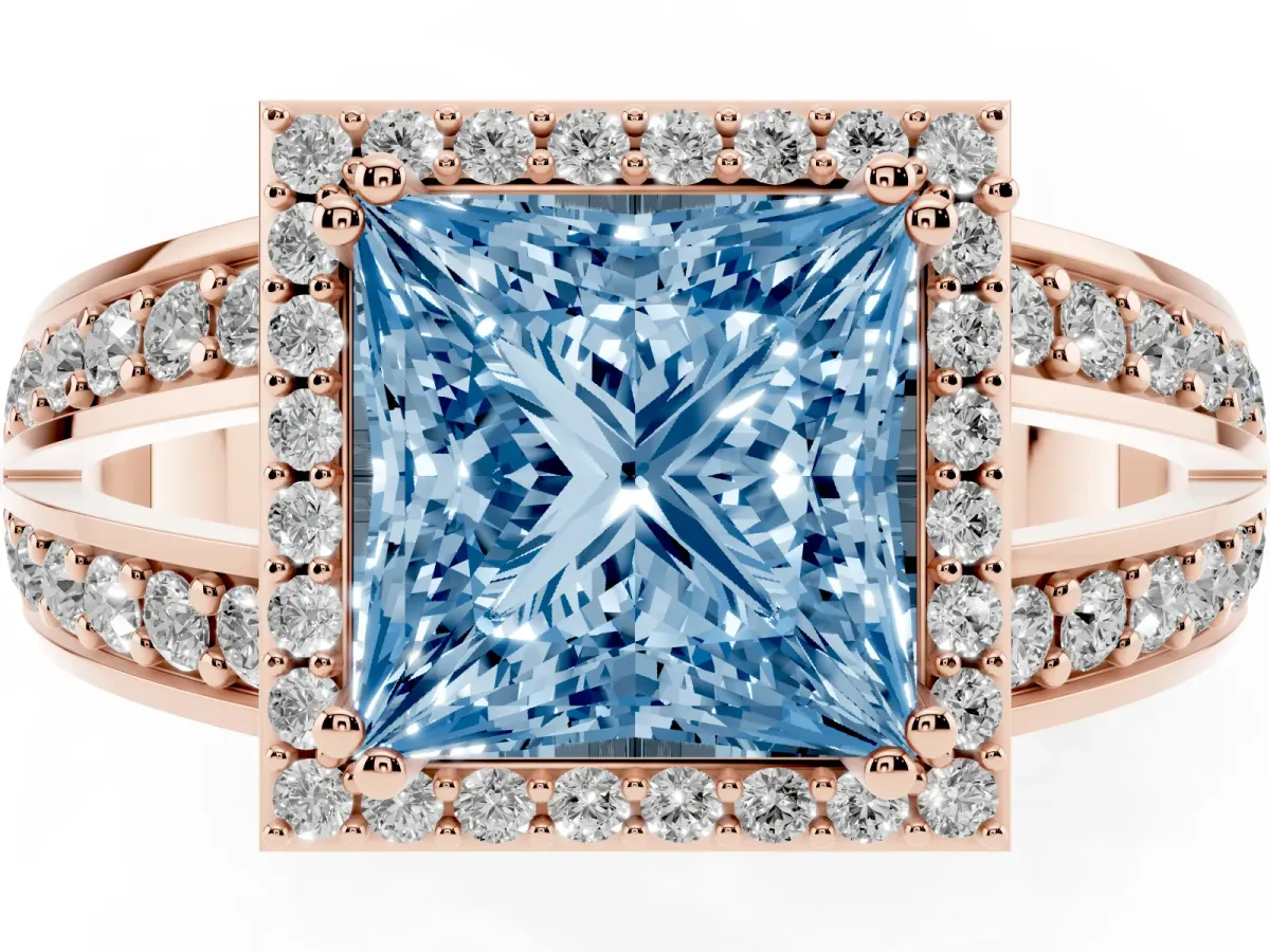 Fancy Blue Princess Cut Diamond Halo Ring with Split Shank Pavé Band and Four-Prong Setting Rose gold