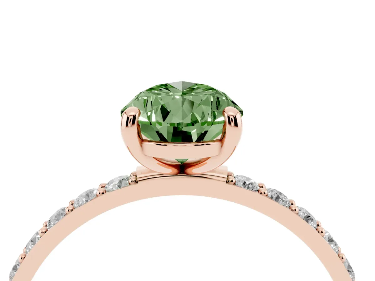 Fancy Green Pear Cut Diamond Solitaire Ring with Round Pavé Band and Prong Setting Rose gold