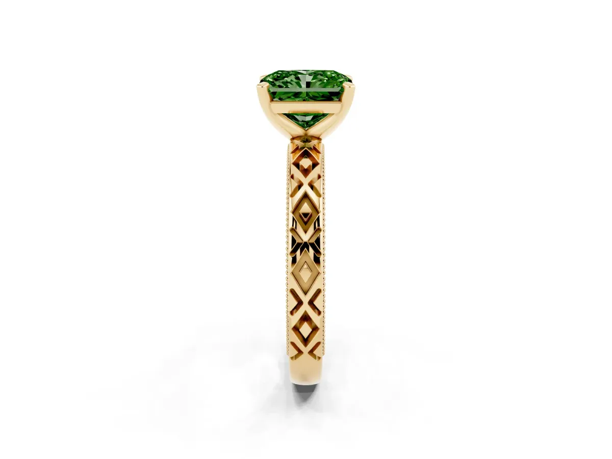 Fancy Green Radiant Cut Solitaire Diamond Ring with Milgrain and Black Enamel X Pattern Band Yellow gold