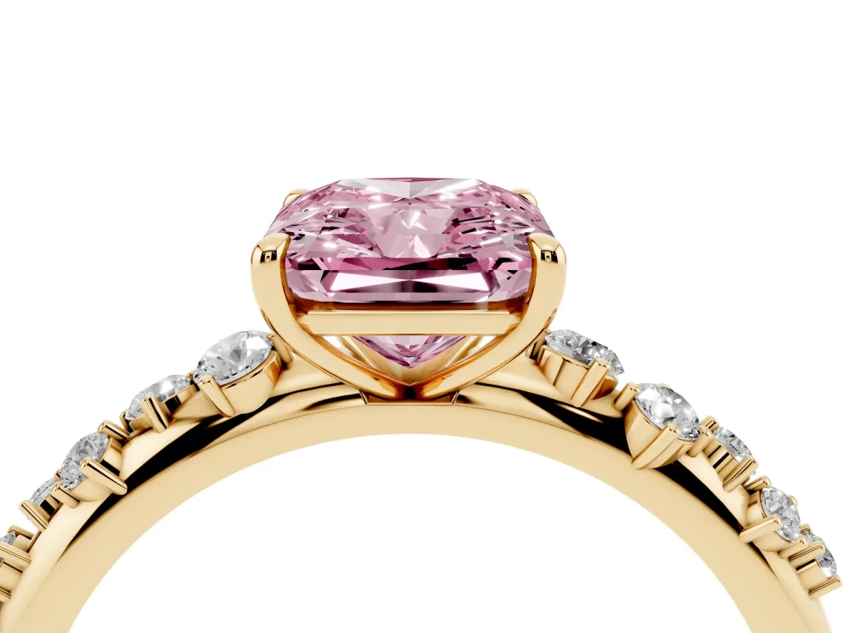 Fancy Pink Radiant Cut Diamond Cluster Prong-Set Solitaire Ring Yellow gold