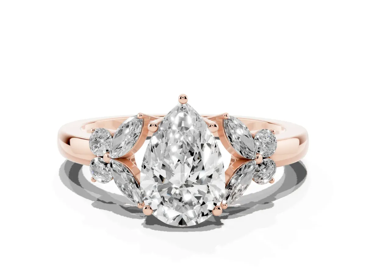 Pear Cut Cut Solitaire Floral Diamond Ring with Four-Prong Setting Rose gold